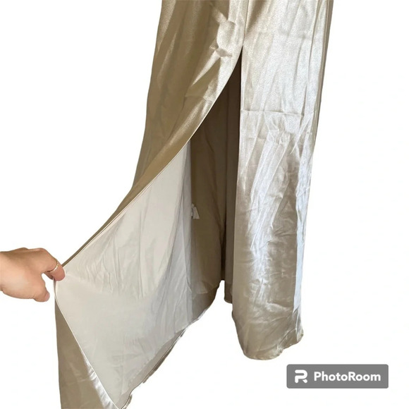 BIRDY Grey Satin-Look Champagne Maxi Slip Dress with Slit Size M - Picture 9 of 17